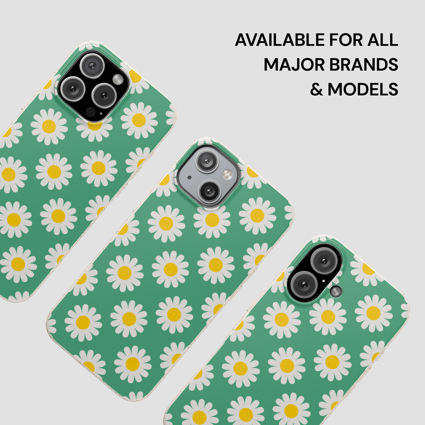 Green phone case with white daisy pattern on a light gray background