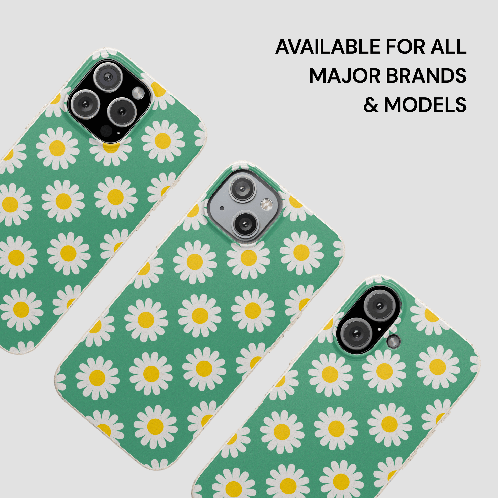 Green phone case with white daisy pattern on a light gray background