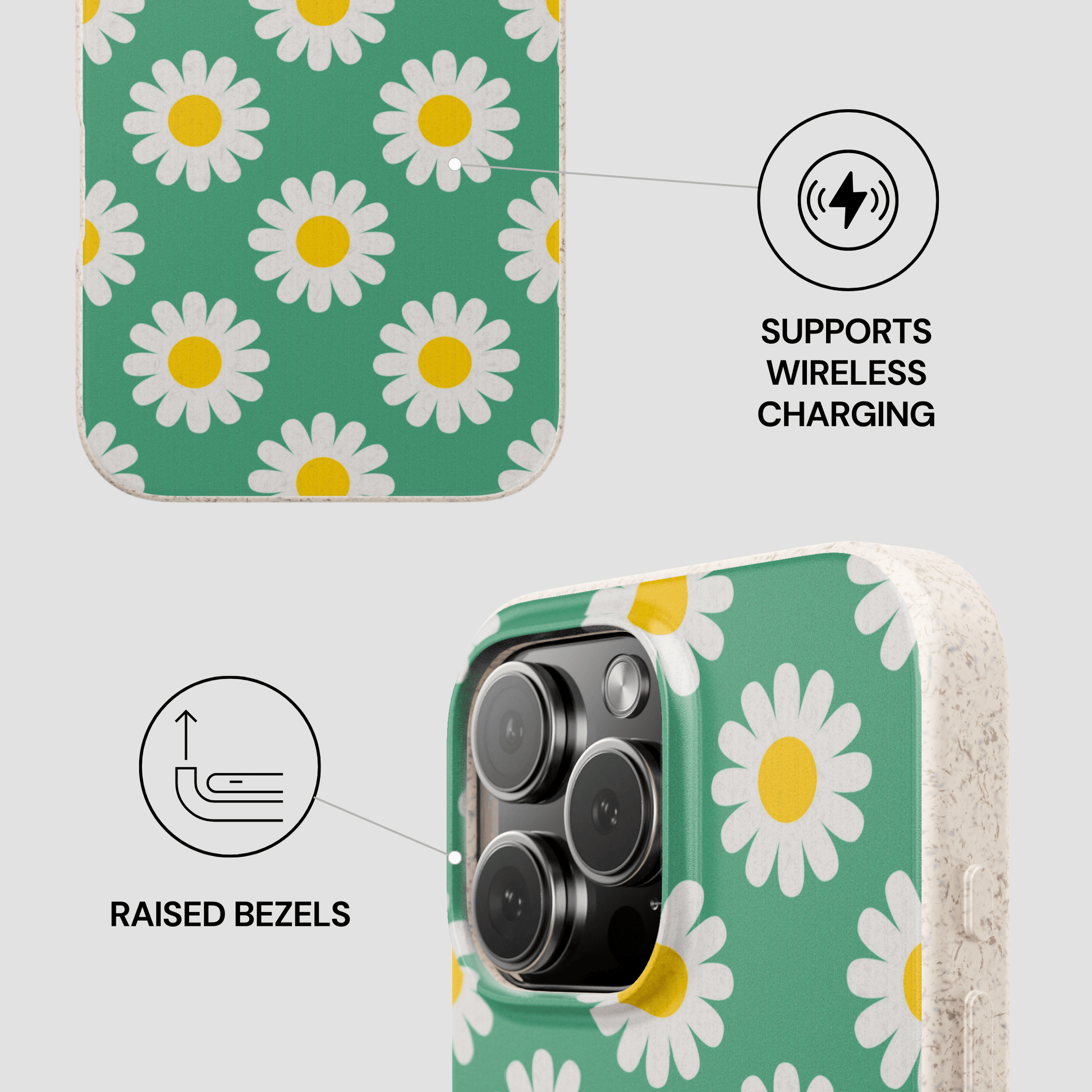 Phone case with daisy pattern and wireless charging symbol on a white background