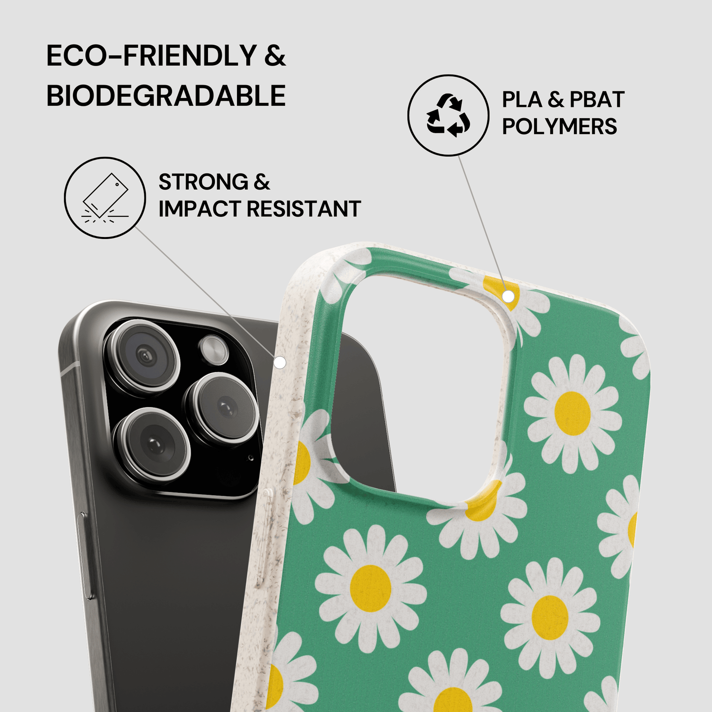 Phone case with daisy pattern on a green background, featuring eco-friendly and biodegradable properties.