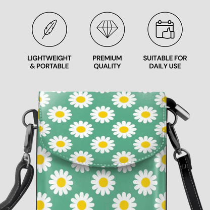 Floral patterned bag with icons and text on a light gray background