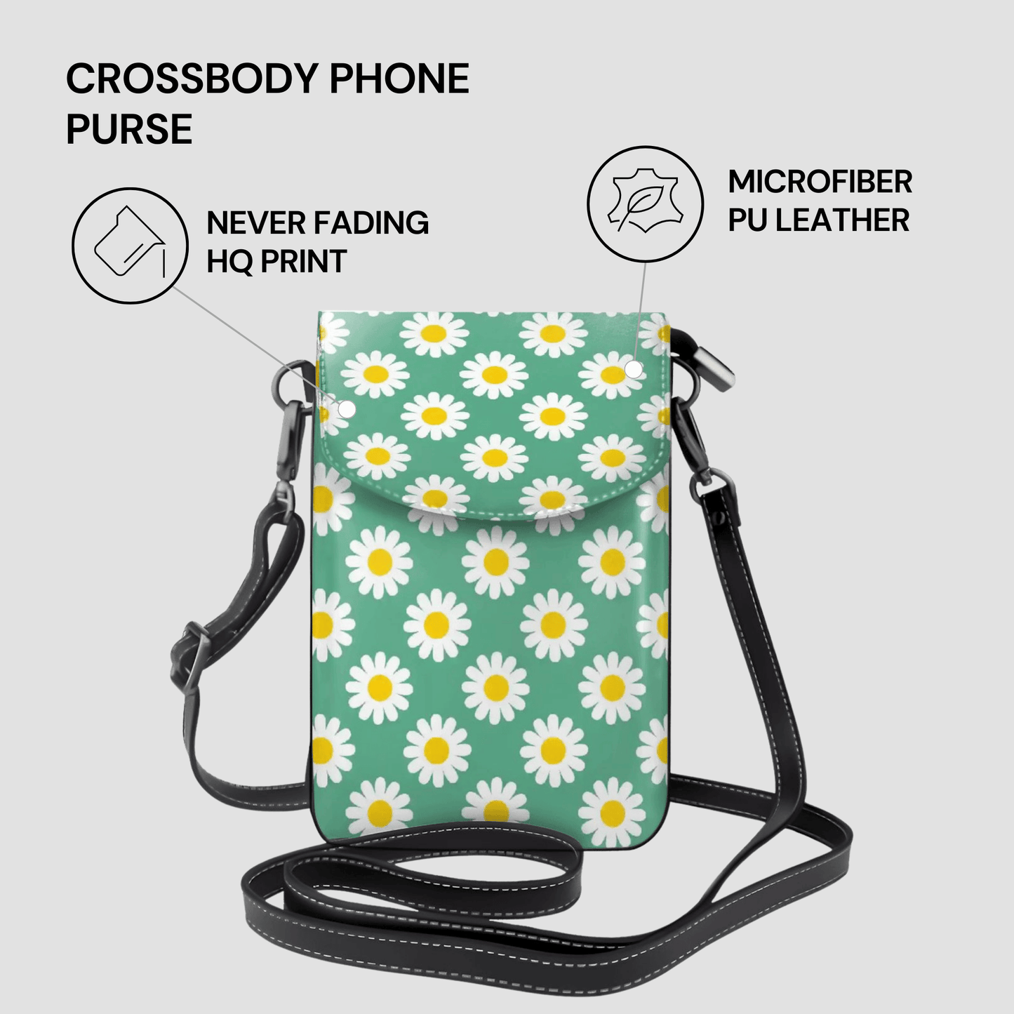 Crossbody phone purse with daisy pattern on a light gray background