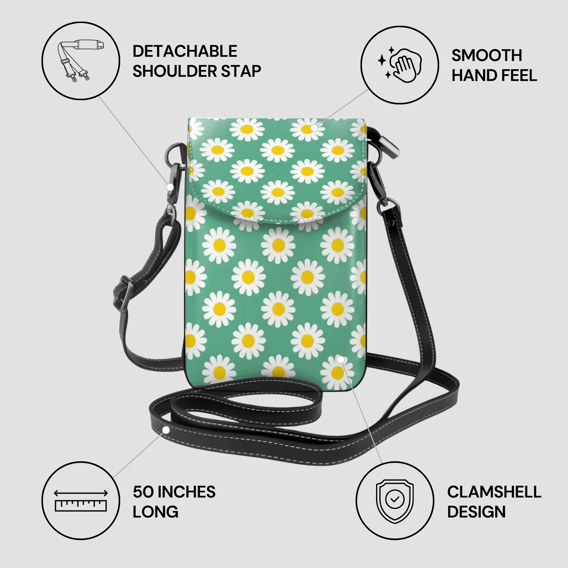 Green floral patterned crossbody bag with features highlighted on a light gray background
