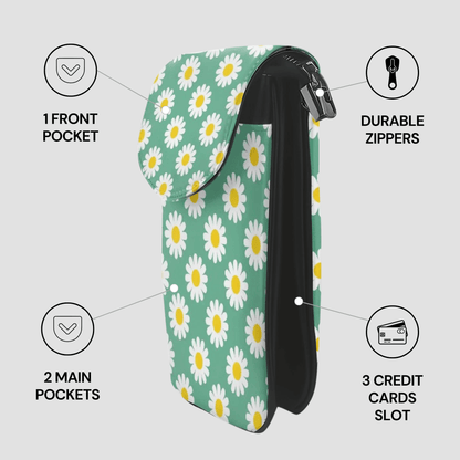 Green pouch with white daisy pattern featuring product features on a light gray background