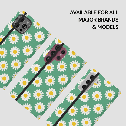 Phone case with daisy pattern on a white background