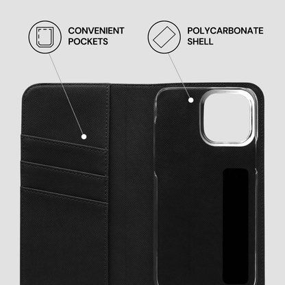 Black phone case with convenient pockets and polycarbonate shell features on a gray background