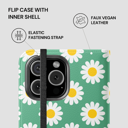 Flip case with inner shell featuring a daisy pattern on a green background