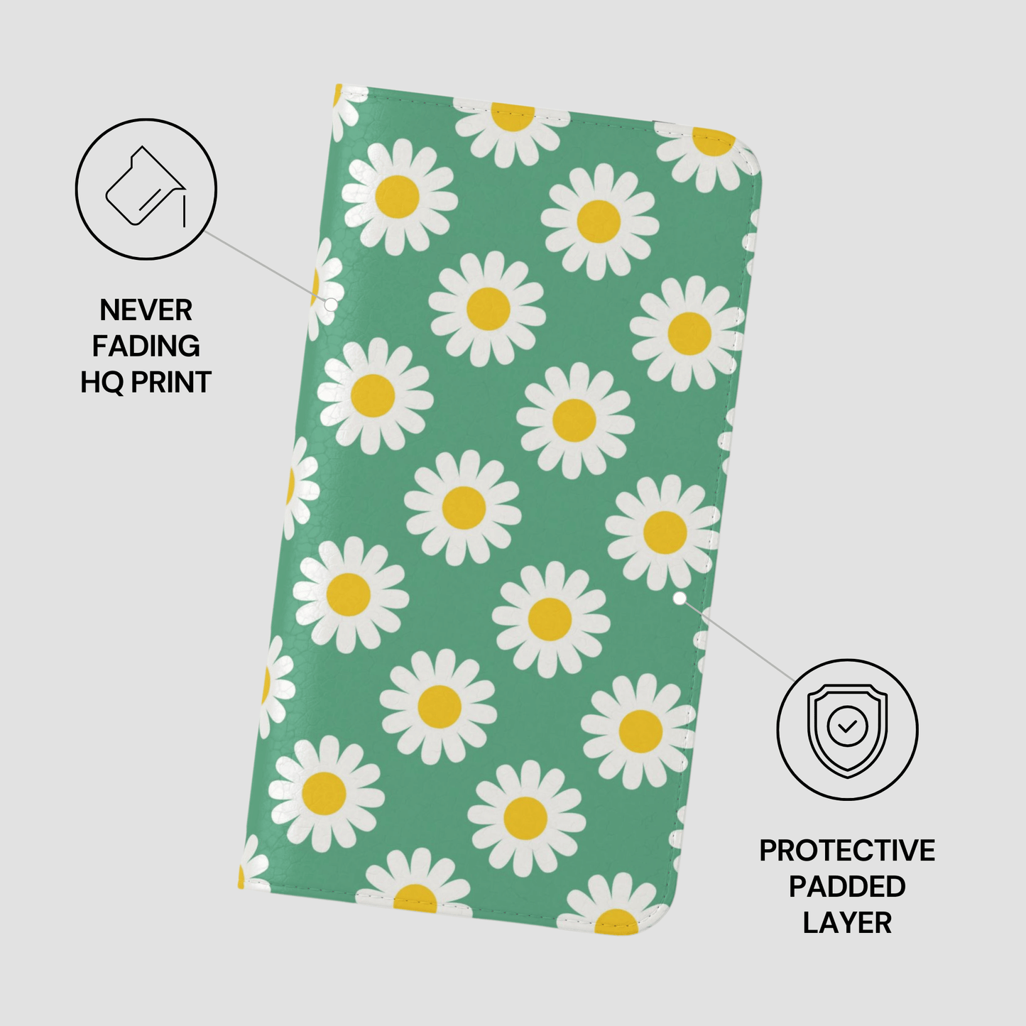 Notebook with daisy pattern on a green background
