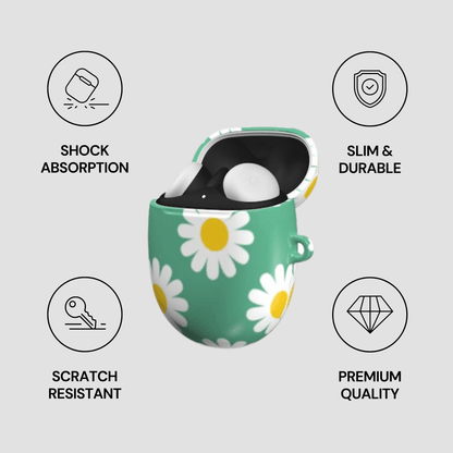 Green case with white daisies featuring product features on a gray background