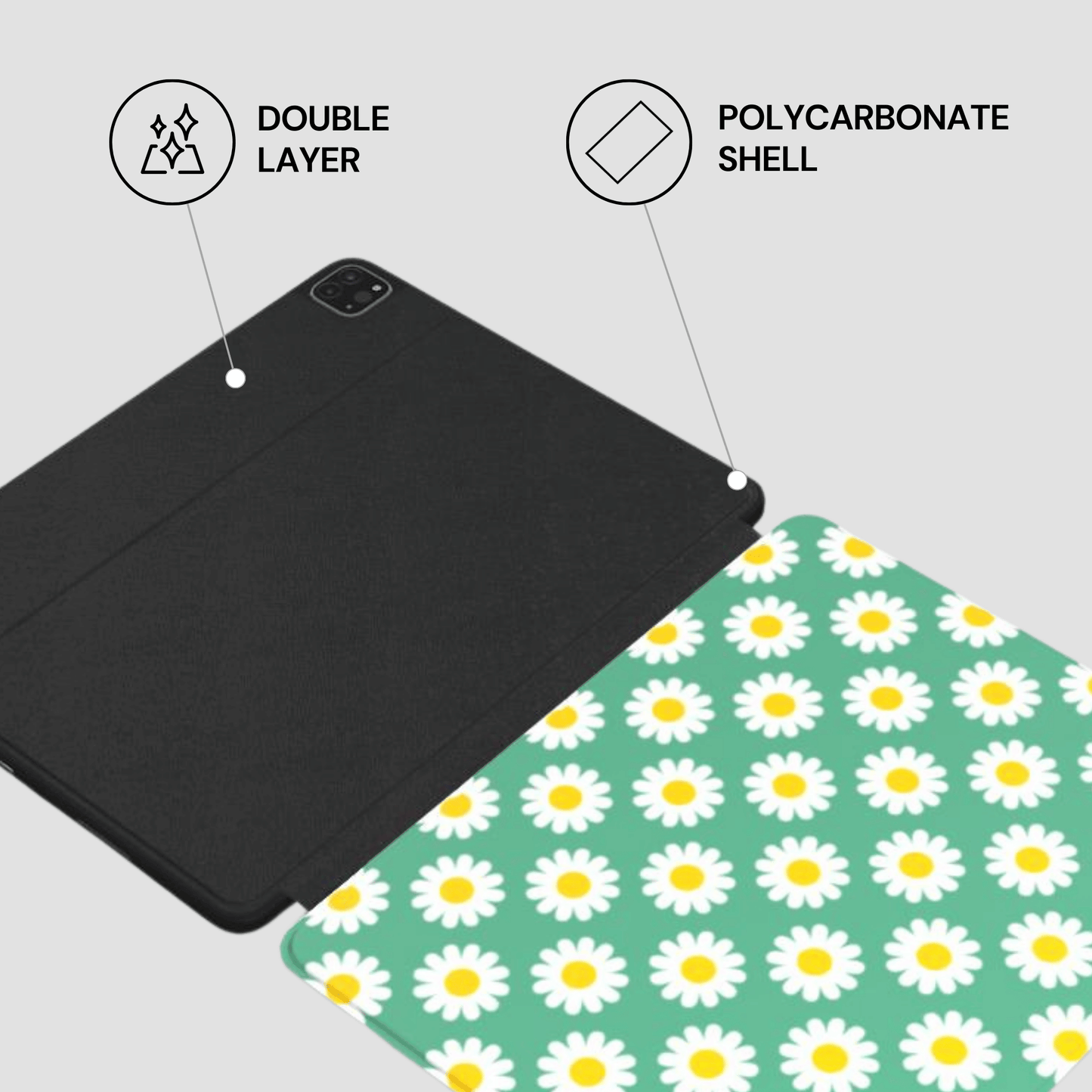 Black tablet case with polycarbonate shell and double layer feature, next to a green floral mat.