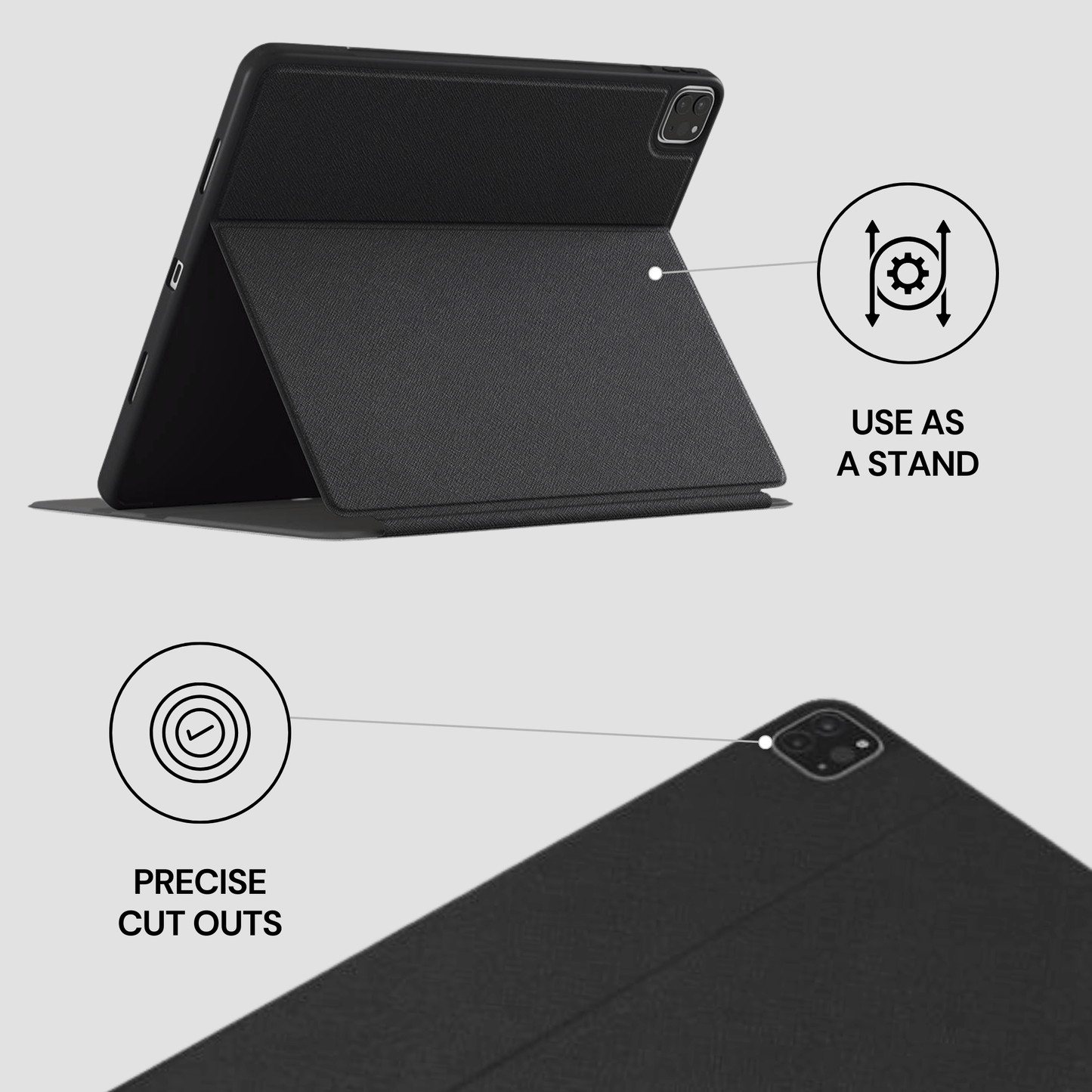 Black tablet case with stand feature on a light gray background