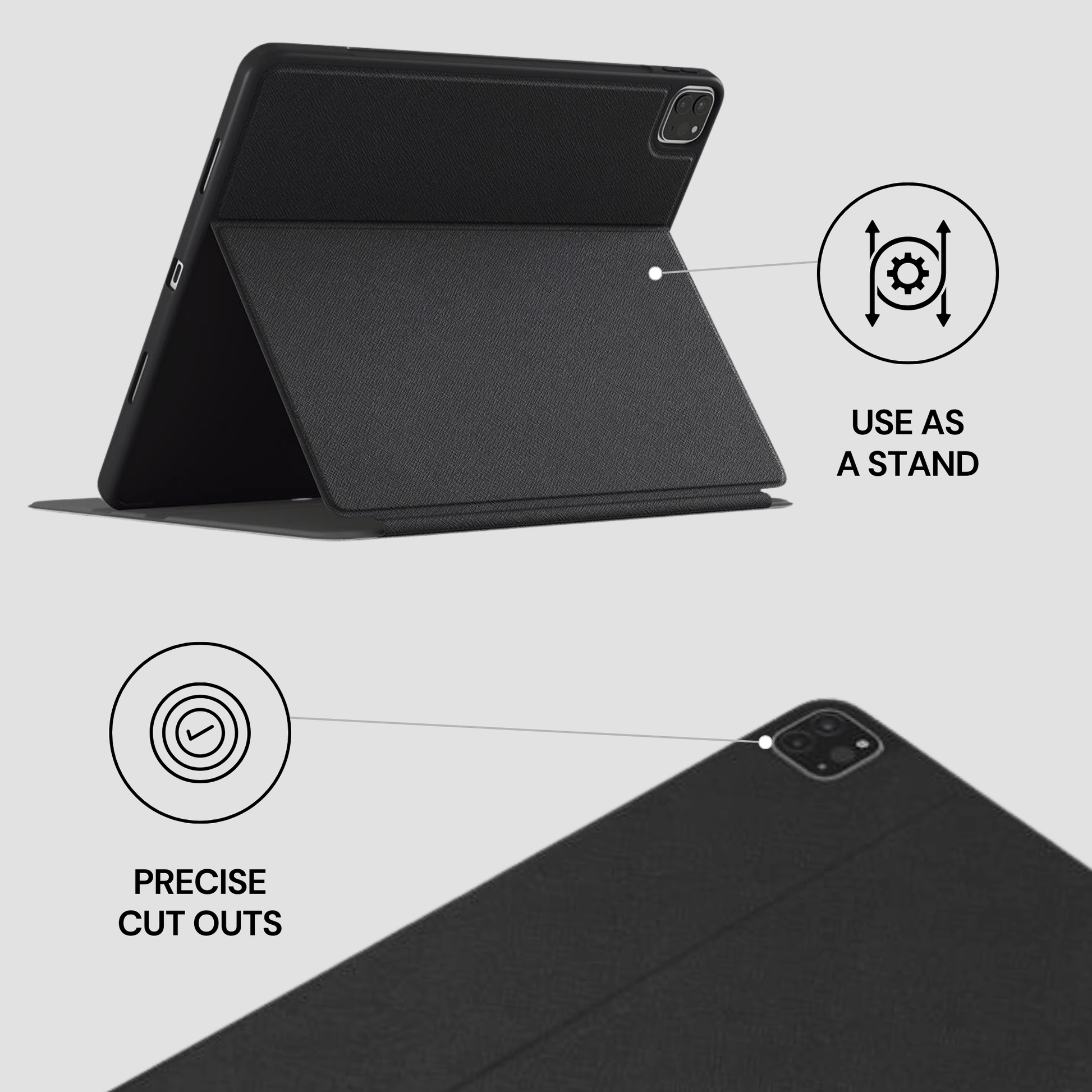 Black tablet case with stand feature on a light gray background