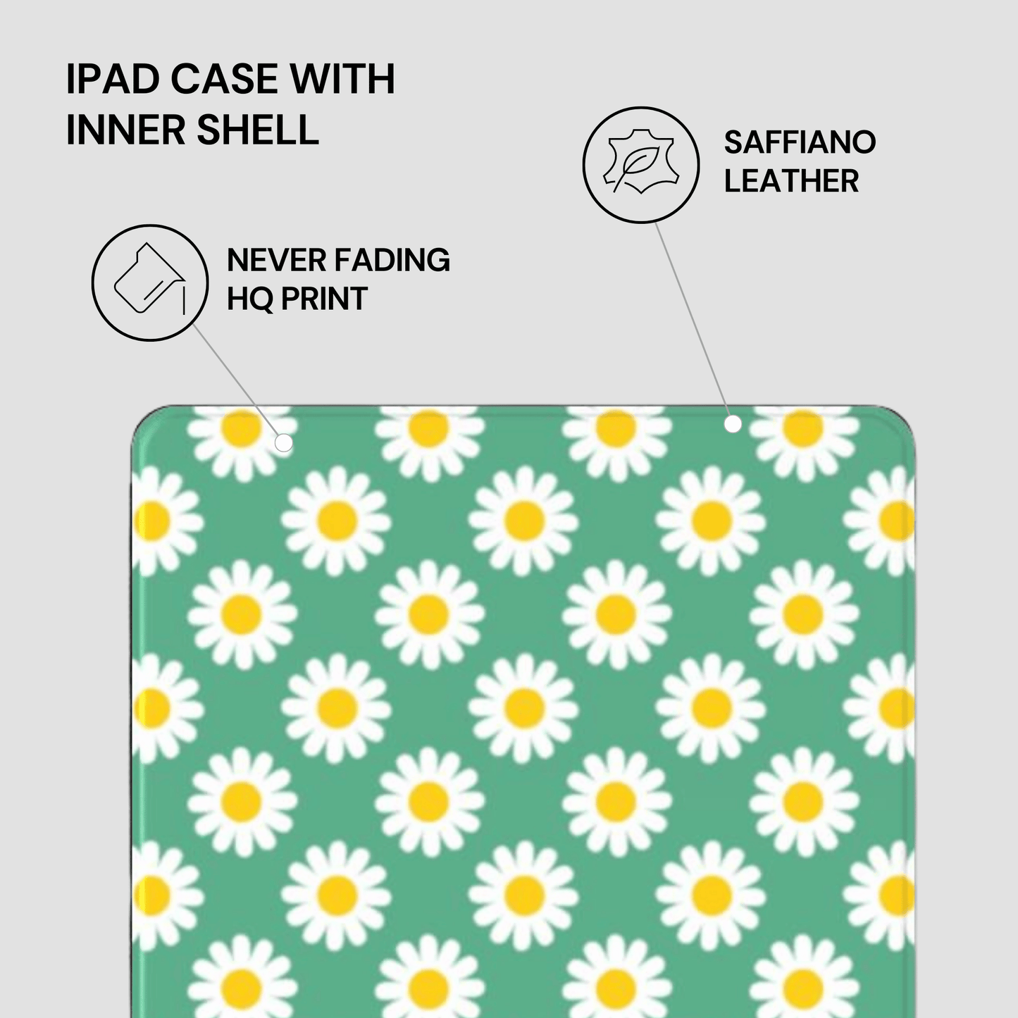 iPad case with daisy pattern on a green background