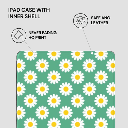 iPad case with daisy pattern on a green background