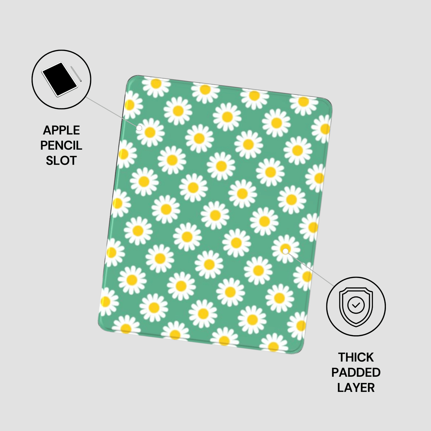 Green mouse pad with white daisy pattern, Apple Pencil slot, and thick padded layer indicated.