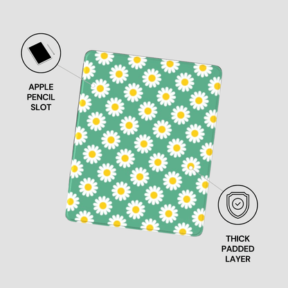 Green mouse pad with white daisy pattern, Apple Pencil slot, and thick padded layer indicated.