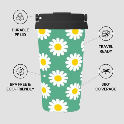Green tumbler with white daisy pattern on a gray background with feature text.