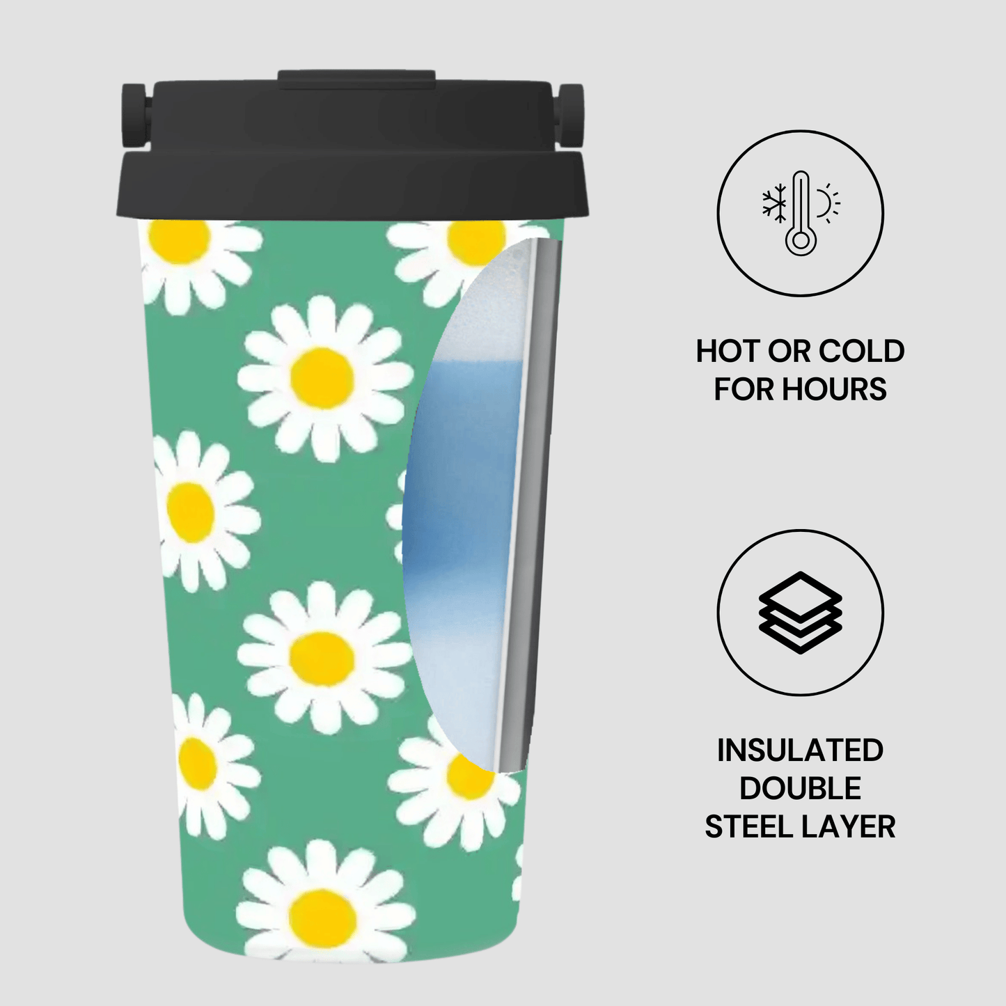 Insulated tumbler with daisy pattern on a green background