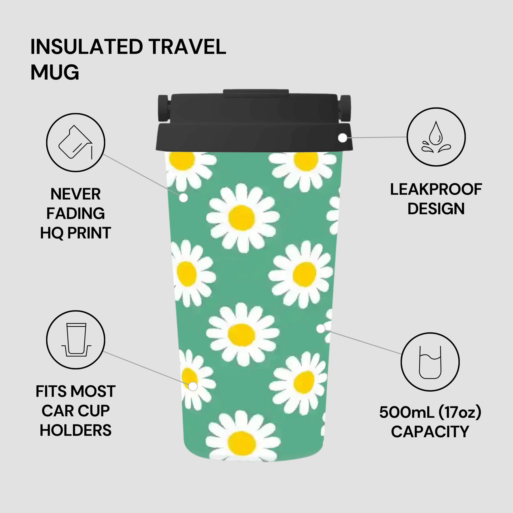 Insulated travel mug with daisy pattern on a gray background