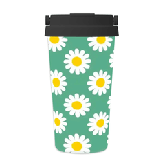 Tumbler with daisy pattern on a green background