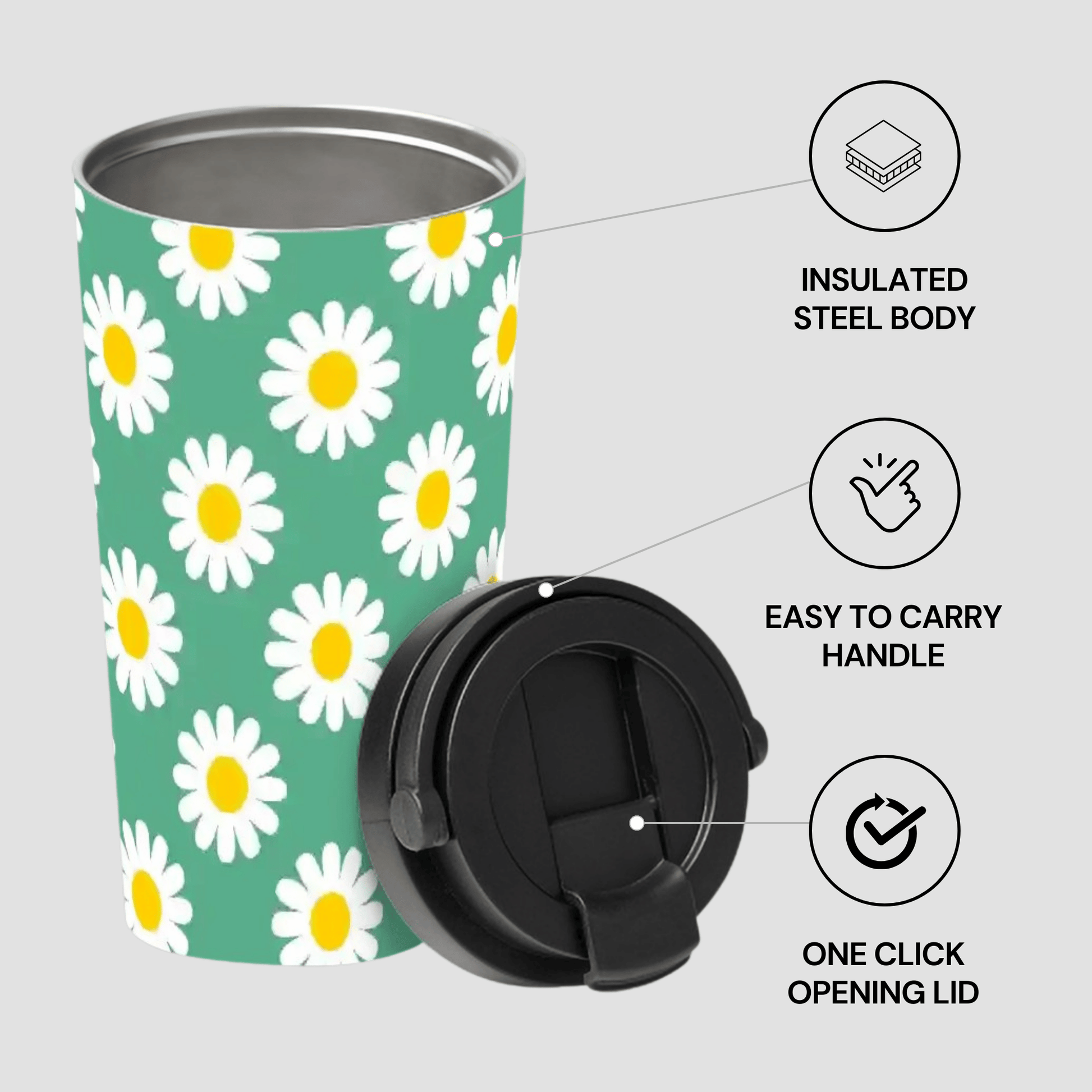 Green tumbler with white daisy pattern, black lid, and features highlighted on a light gray background.