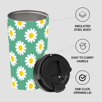 Green tumbler with white daisy pattern, black lid, and features highlighted on a light gray background.
