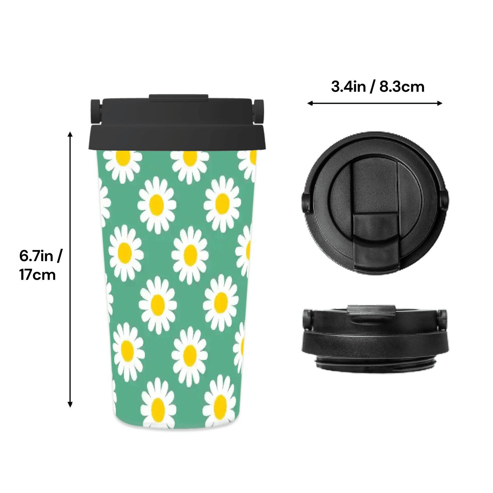 Travel mug with daisy pattern, black lid, and measurements on a white background