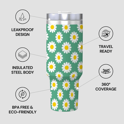 Tumbler with daisy pattern on a green background, featuring text on features.