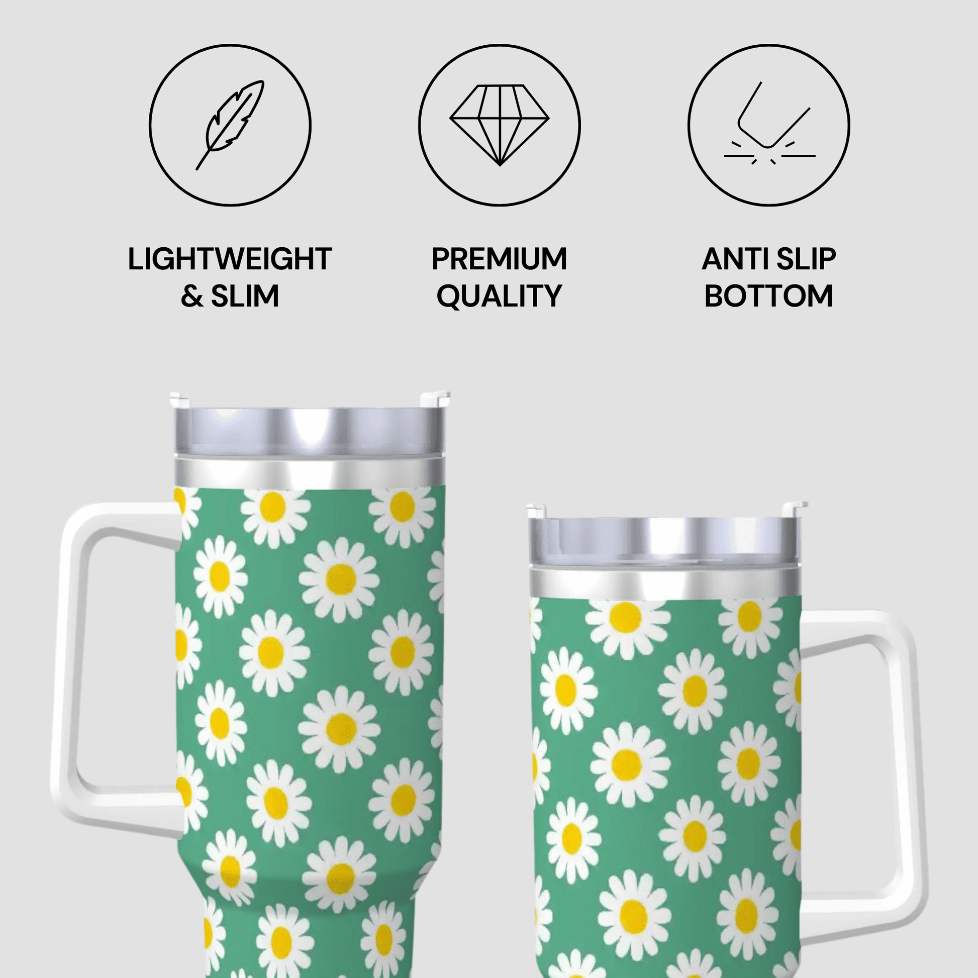 Two tumblers with daisy pattern on a light gray background, featuring icons and text about product features.