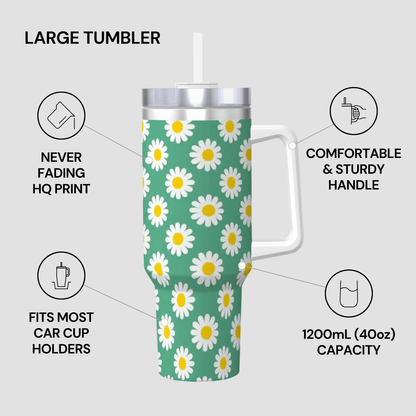 Large tumbler with daisy pattern on a green background, featuring text about its features.