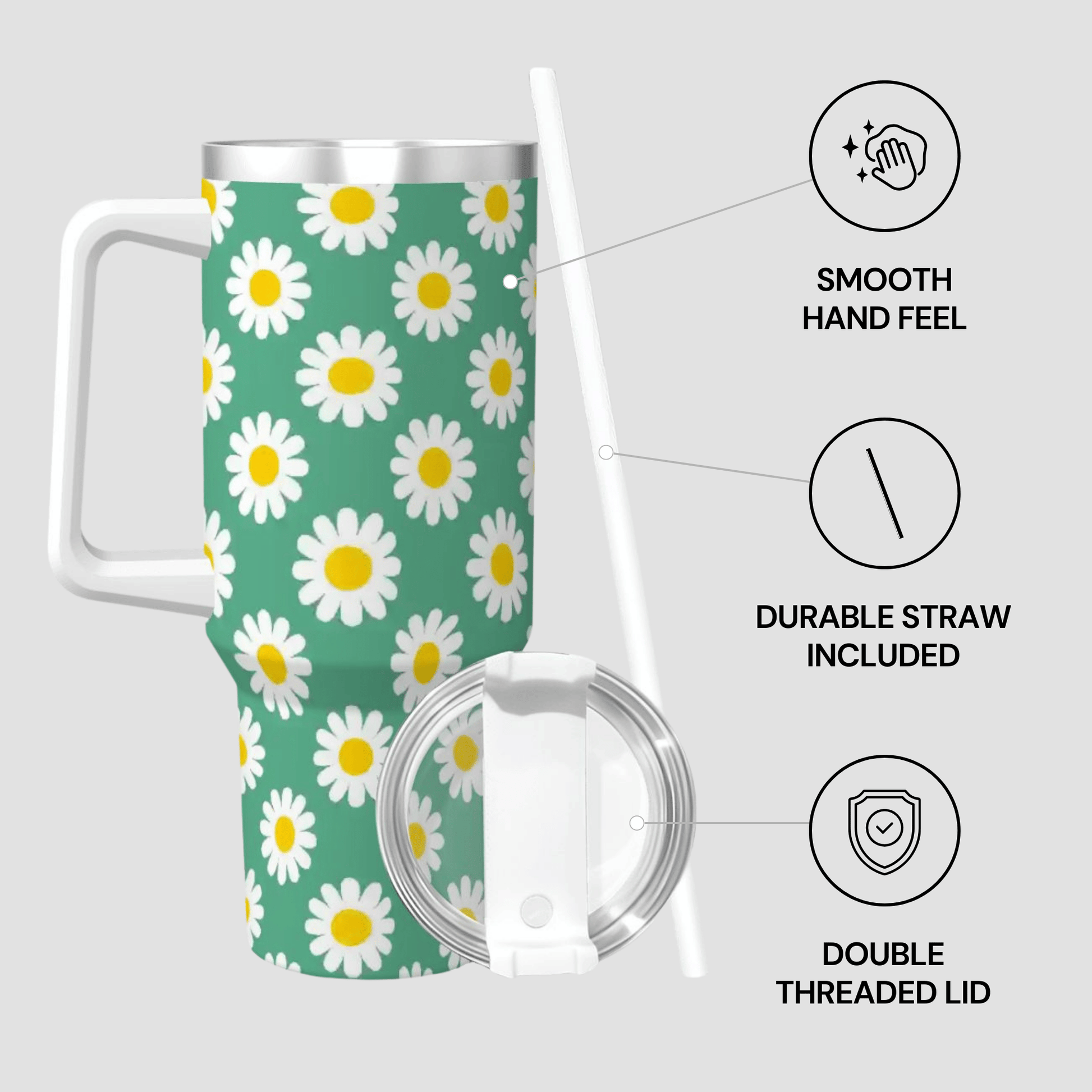Travel mug with daisy pattern, lid, and straw on a light gray background
