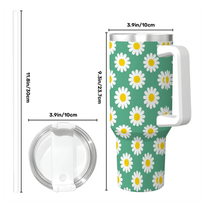 Tumbler with daisy pattern and measurements on a white background