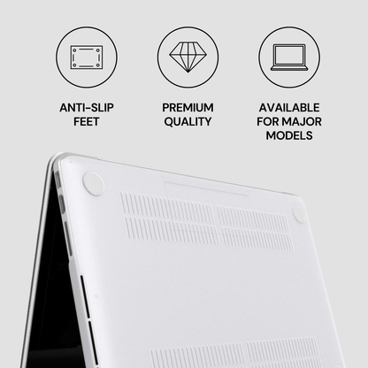 Laptop case with anti-slip feet, premium quality, and availability for major models on a light gray background.
