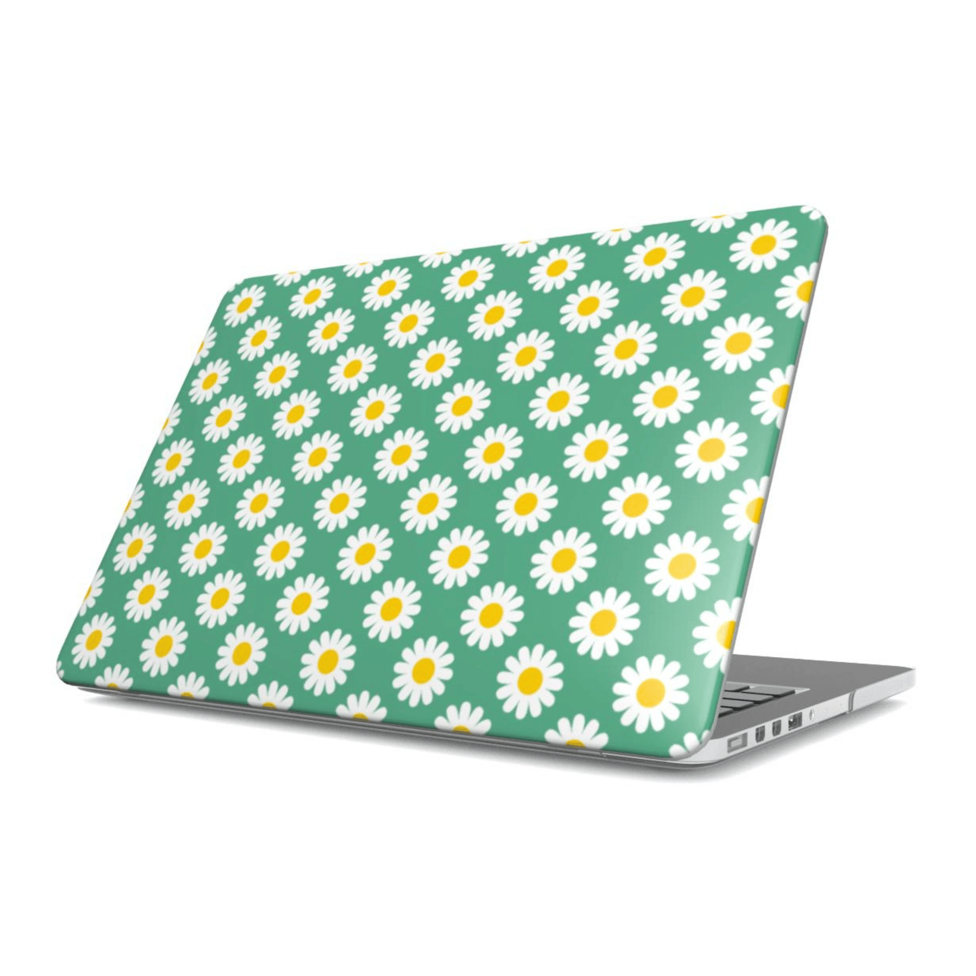 Laptop with a daisy pattern on a green background