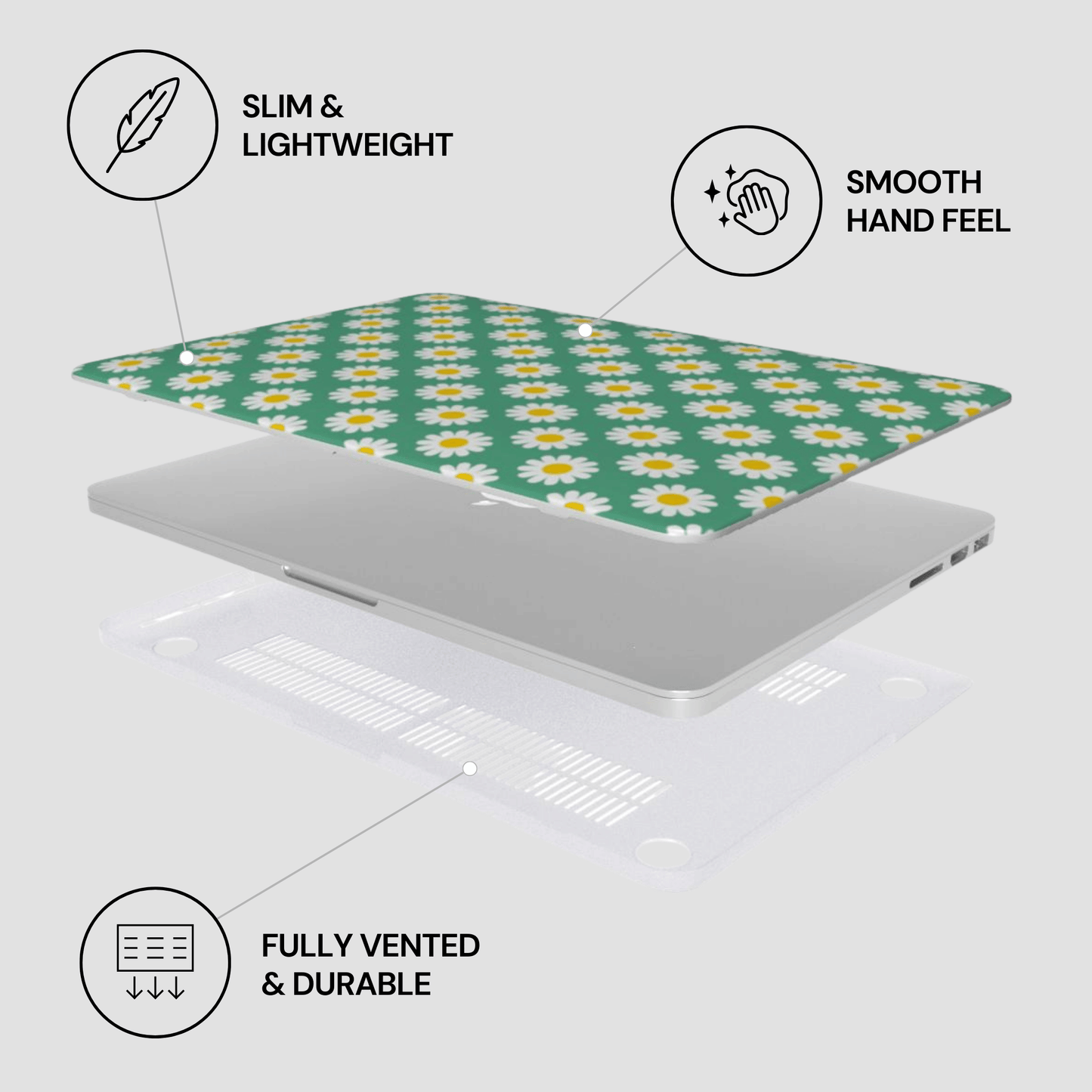 Laptop with a floral patterned skin on a light gray background, featuring icons and text about product features.
