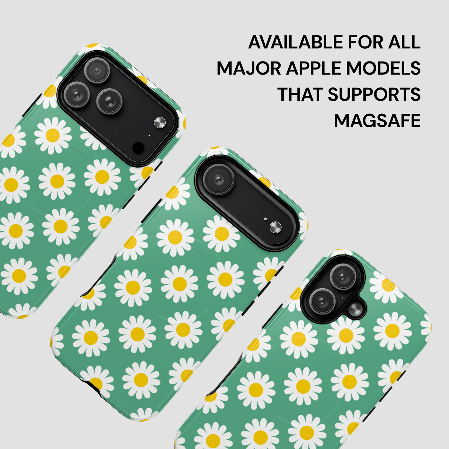 Phone case with daisy pattern on a light gray background