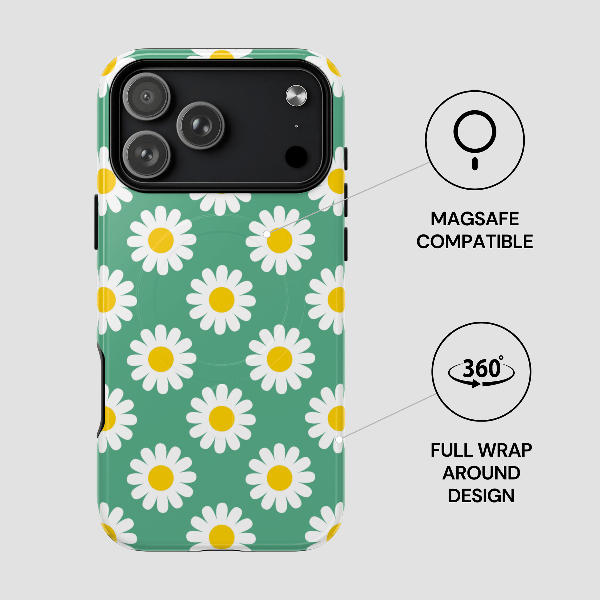 Phone case with daisy pattern and Magsafe compatibility on a light gray background