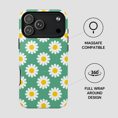Phone case with daisy pattern and Magsafe compatibility on a light gray background