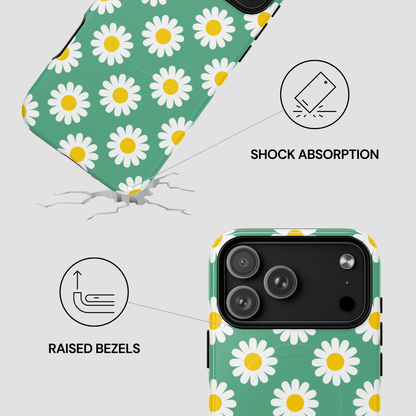 Phone case with daisy pattern showing shock absorption and raised bezels features.