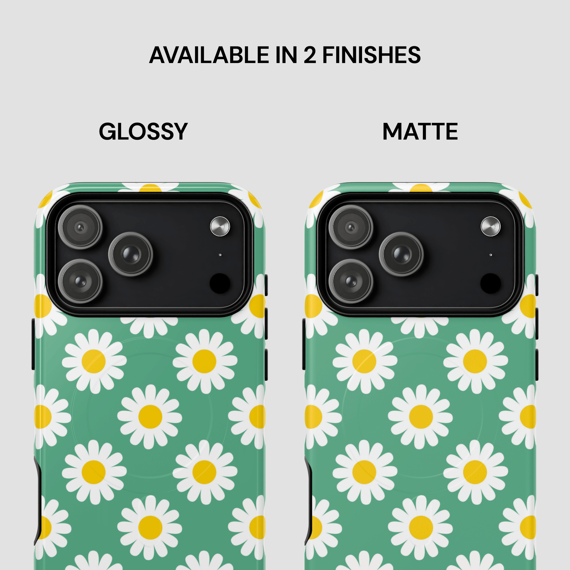 Two phone case designs with daisy pattern, one glossy and one matte, on a light gray background.