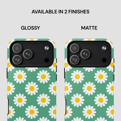 Two phone case designs with daisy pattern, one glossy and one matte, on a light gray background.