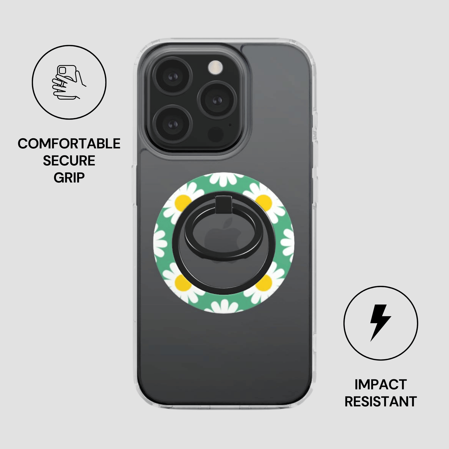 Phone case with floral design and ring holder on a gray background