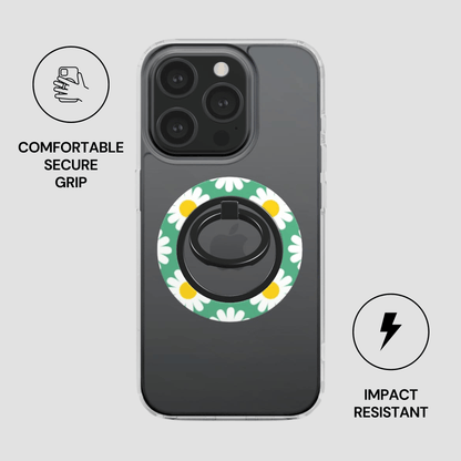 Phone case with floral design and ring holder on a gray background