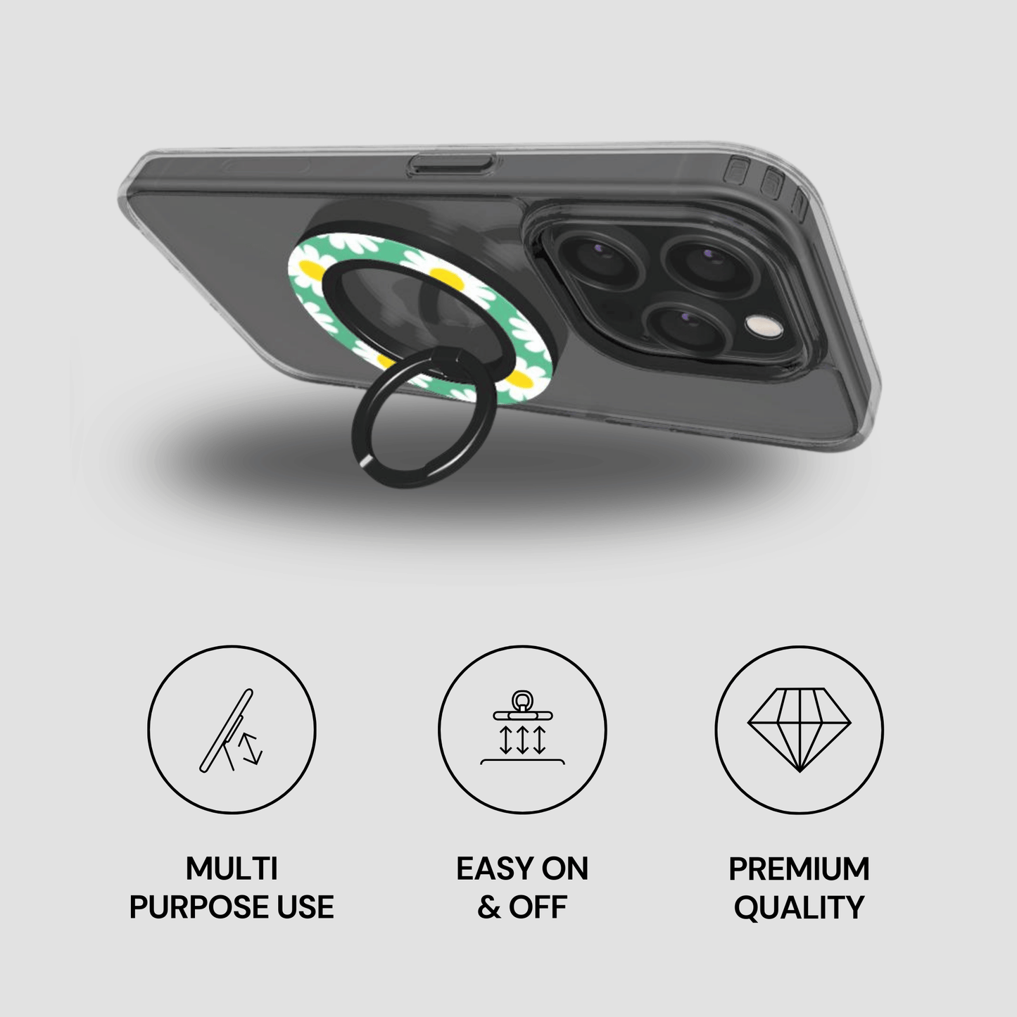 Phone case with ring holder on a gray background