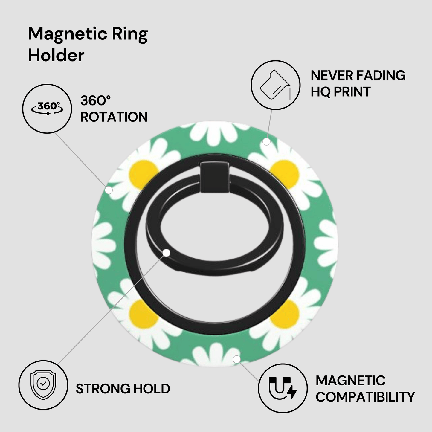 Magnetic ring holder with floral design on a gray background