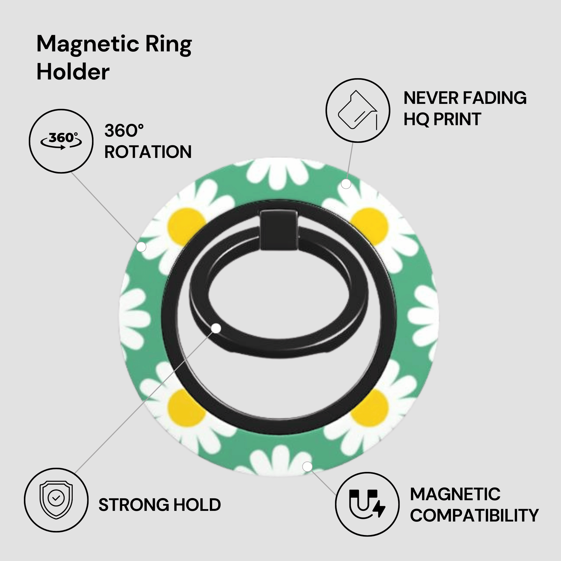 Magnetic ring holder with floral design on a gray background