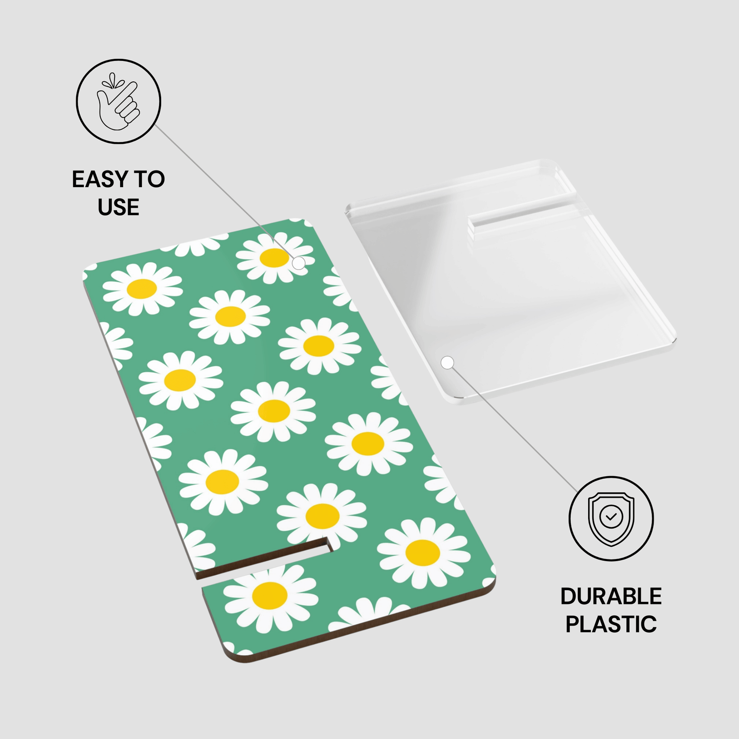 Notebook with daisy pattern on a green background, featuring text 'Easy to use' and 'Durable plastic'.