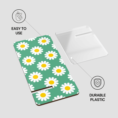 Notebook with daisy pattern on a green background, featuring text 'Easy to use' and 'Durable plastic'.