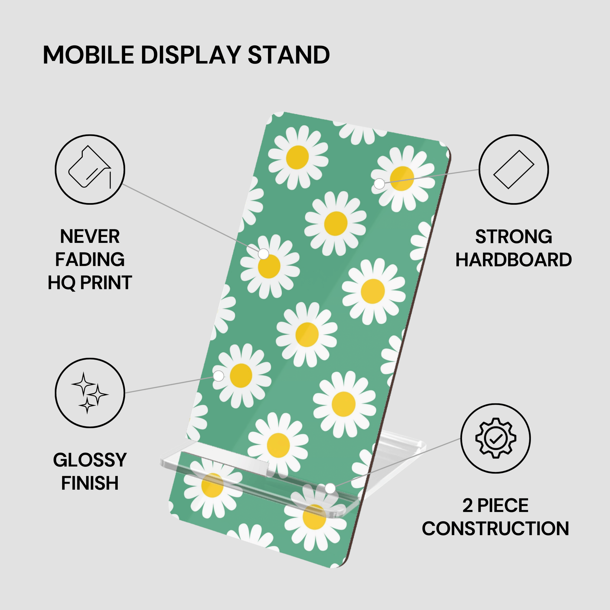Mobile display stand with daisy pattern on a green background, featuring text on its features.