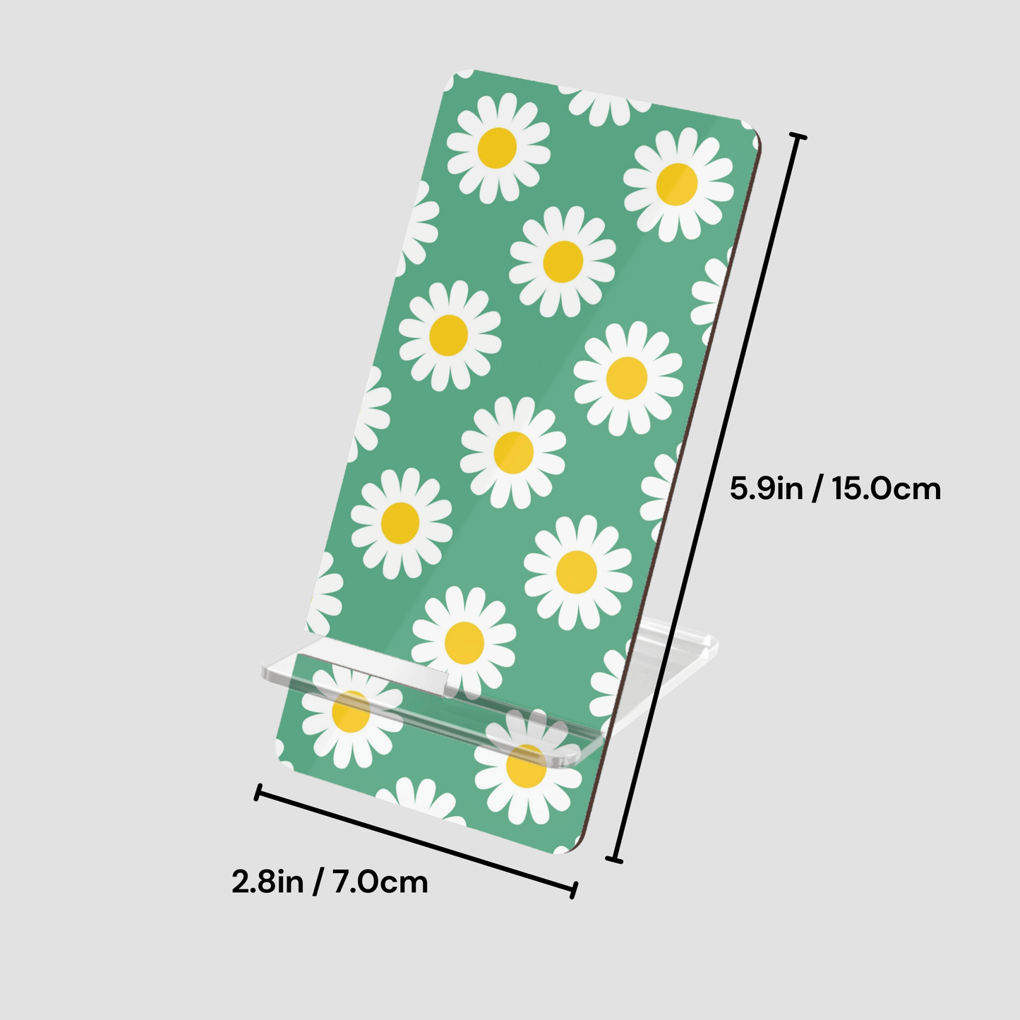 Green towel with white daisy pattern, shown with measurements on a light gray background